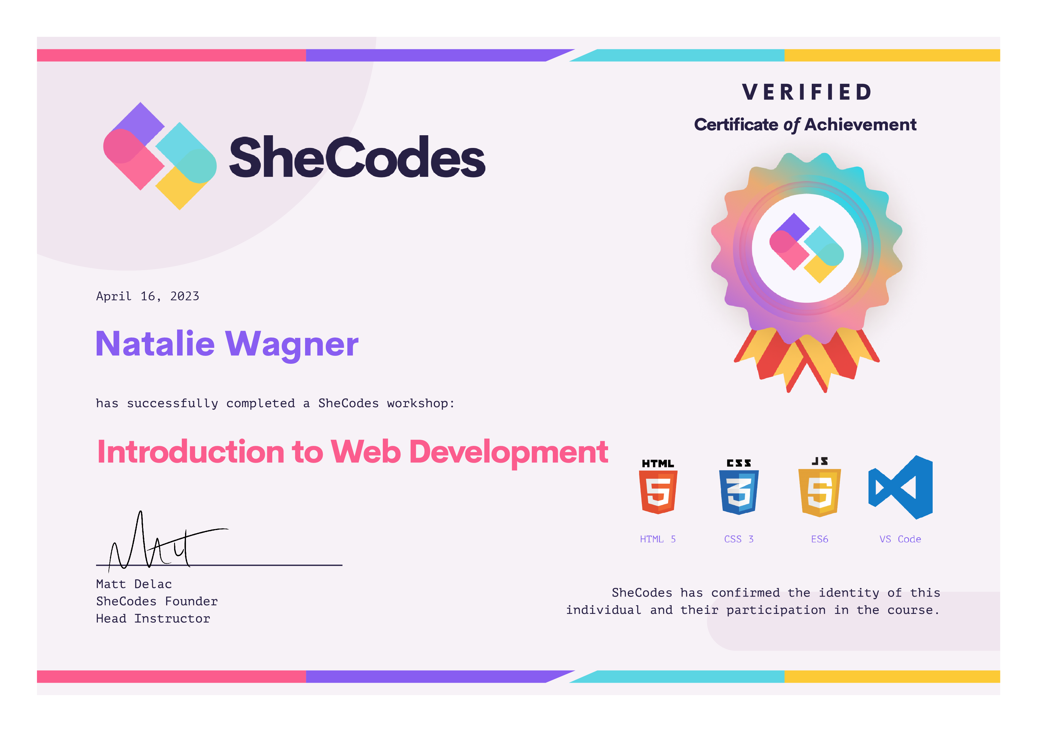 SheCodes Basic Add-On Certificate